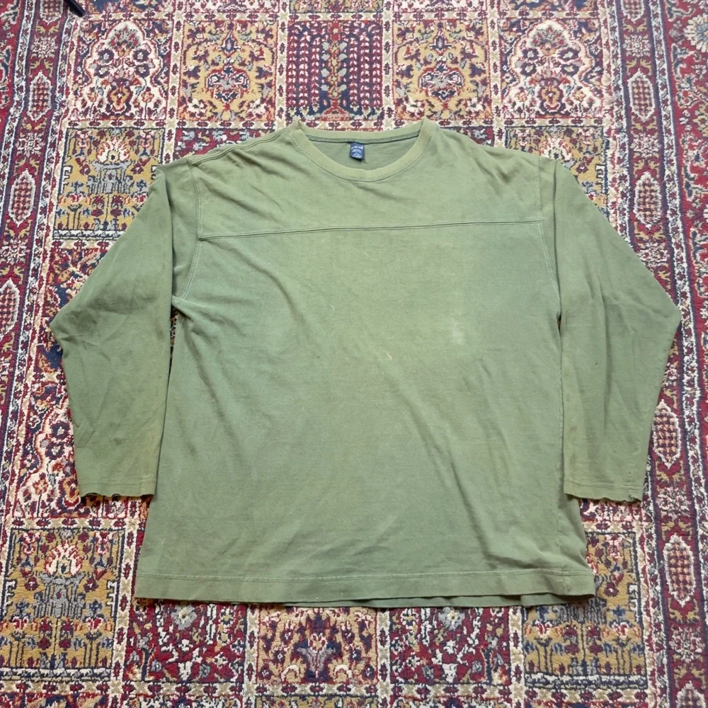 VTG 80s 90s Lands End Crew Neck Long Sleeve T-Shirt Olive Green Cotton XL ribbed